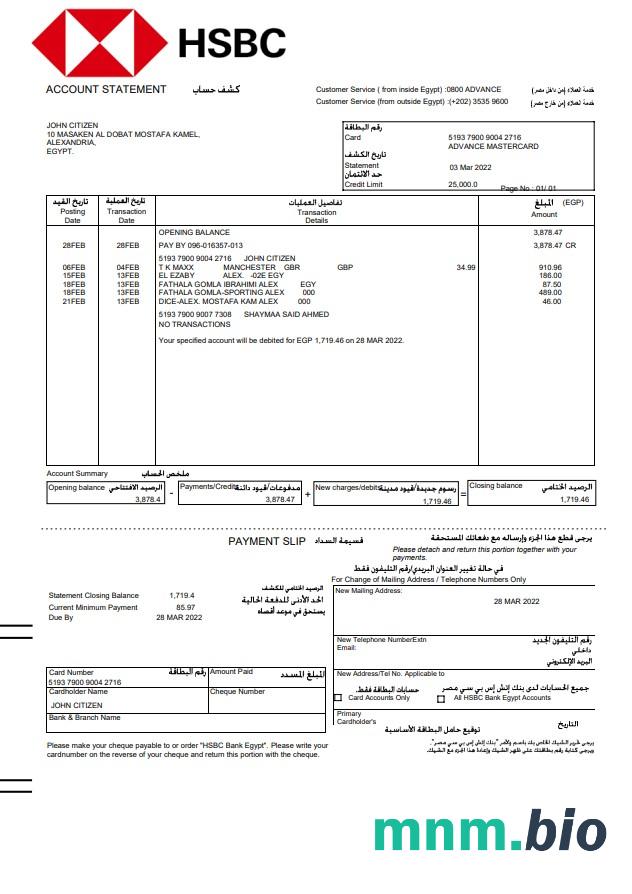 Egypt Hsbc bank proof of address statement template w formacie Word i PDF